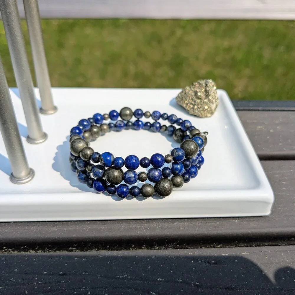 Natural Lapis Lazuli and Pyrite Memory Wire Layer Bracelet - Picture 7 of 14